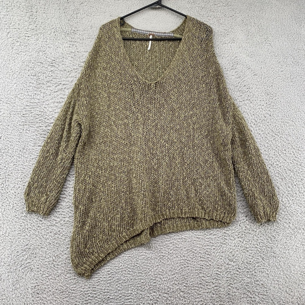 Free People Slouchy Sweater Womens Small Green Chunky V Neck Asym Hem Relaxed